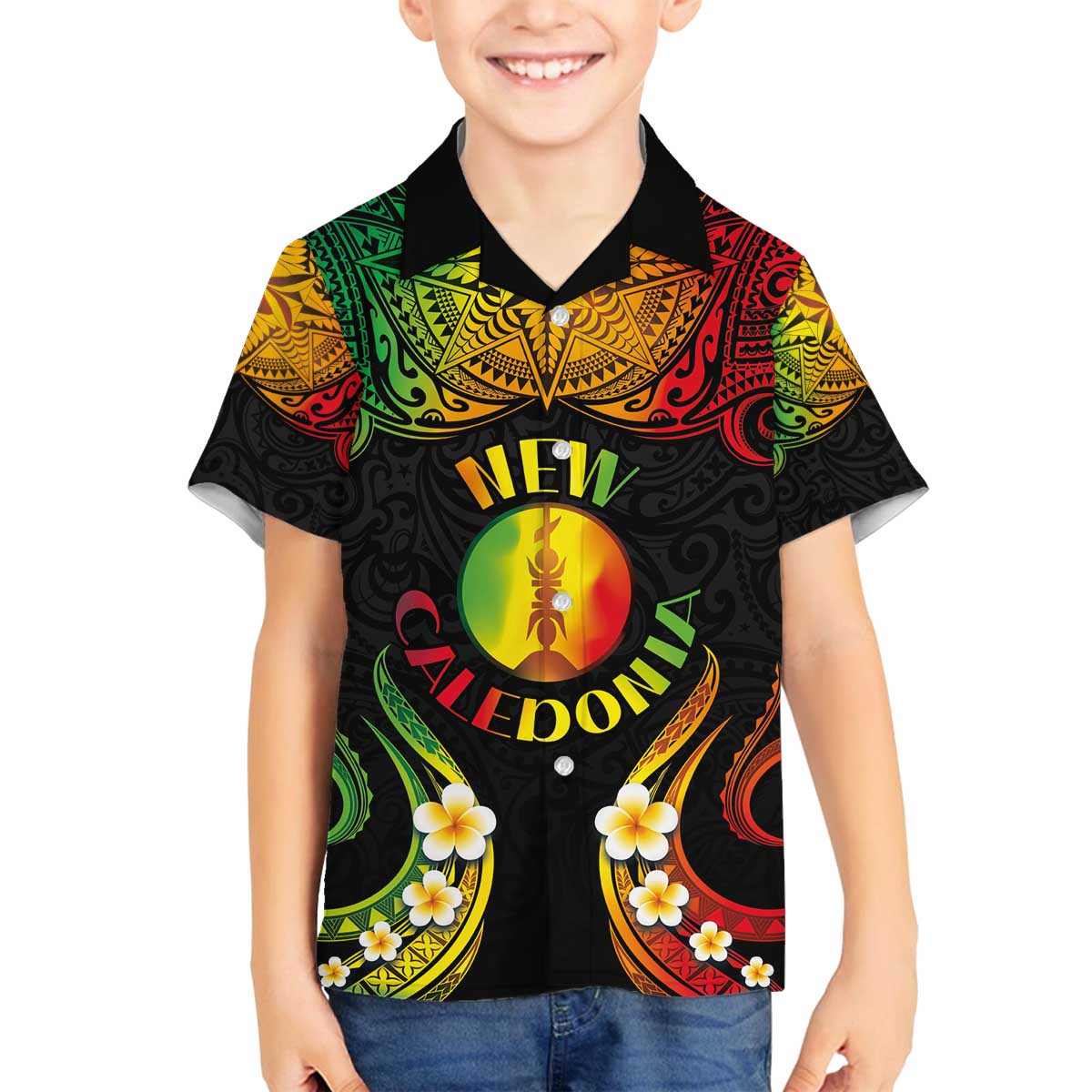 Personalised New Caledonia Independence Day Family Matching Off Shoulder Short Dress and Hawaiian Shirt Polynesian Tattoo and Plumeria Reggae Color LT03 Son's Shirt Reggae - Polynesian Pride