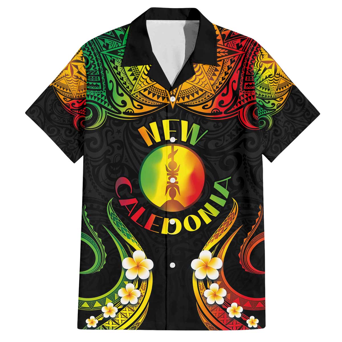 Personalised New Caledonia Independence Day Family Matching Puletasi and Hawaiian Shirt Polynesian Tattoo and Plumeria Reggae Color LT03 Dad's Shirt - Short Sleeve Reggae - Polynesian Pride
