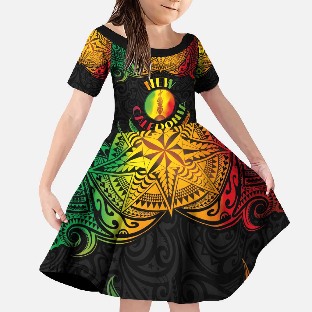 Personalised New Caledonia Independence Day Family Matching Short Sleeve Bodycon Dress and Hawaiian Shirt Polynesian Tattoo and Plumeria Reggae Color LT03 Daughter's Dress Reggae - Polynesian Pride