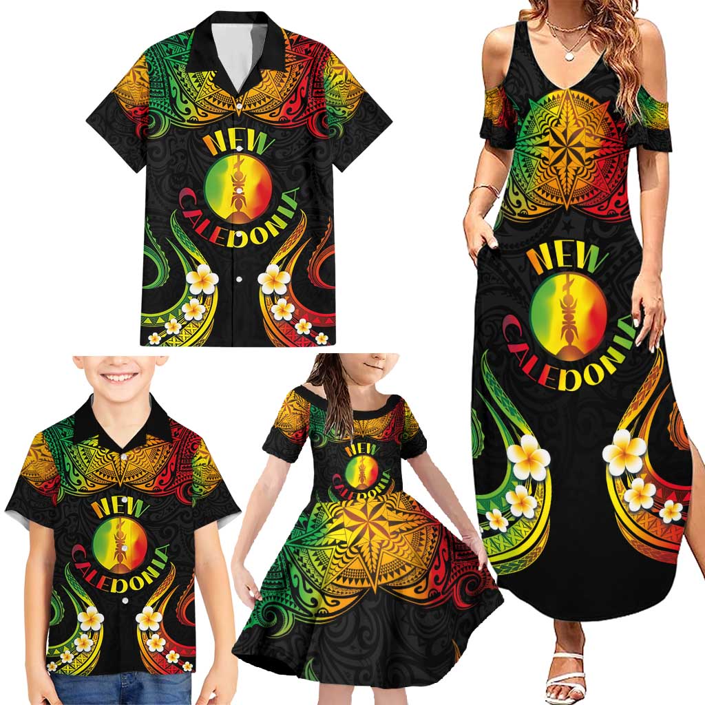 Personalised New Caledonia Independence Day Family Matching Summer Maxi Dress and Hawaiian Shirt Polynesian Tattoo and Plumeria Reggae Color LT03 - Polynesian Pride