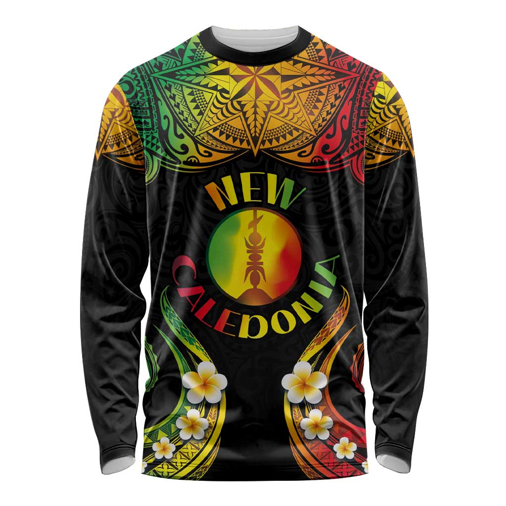 Personalised New Caledonia Independence Day Long Sleeve Shirt Polynesian Tattoo and Plumeria Reggae Color LT03 Unisex Reggae - Polynesian Pride