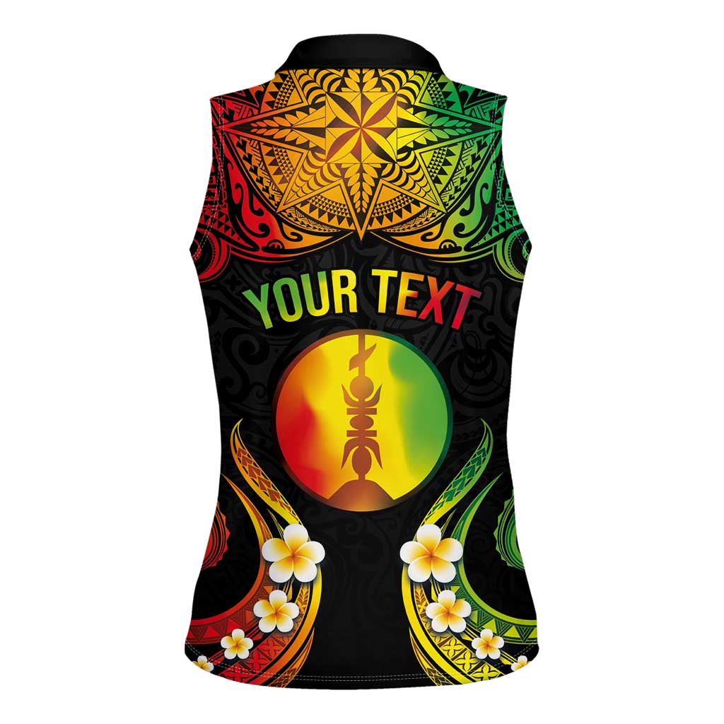 Personalised New Caledonia Independence Day Women Sleeveless Polo Shirt Polynesian Tattoo and Plumeria Reggae Color