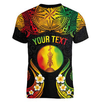 Personalised New Caledonia Independence Day Women V-Neck T-Shirt Polynesian Tattoo and Plumeria Reggae Color