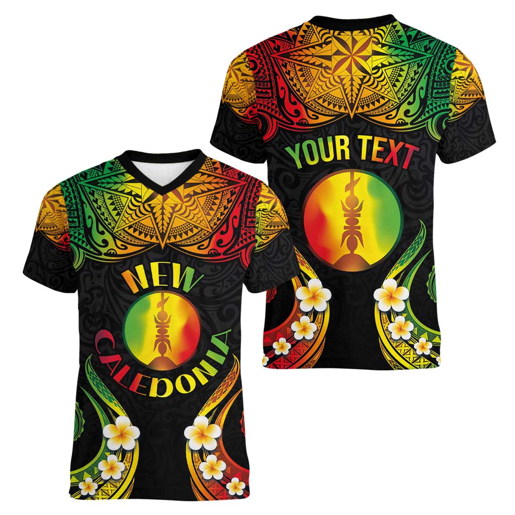 Personalised New Caledonia Independence Day Women V-Neck T-Shirt Polynesian Tattoo and Plumeria Reggae Color