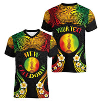 Personalised New Caledonia Independence Day Women V-Neck T-Shirt Polynesian Tattoo and Plumeria Reggae Color