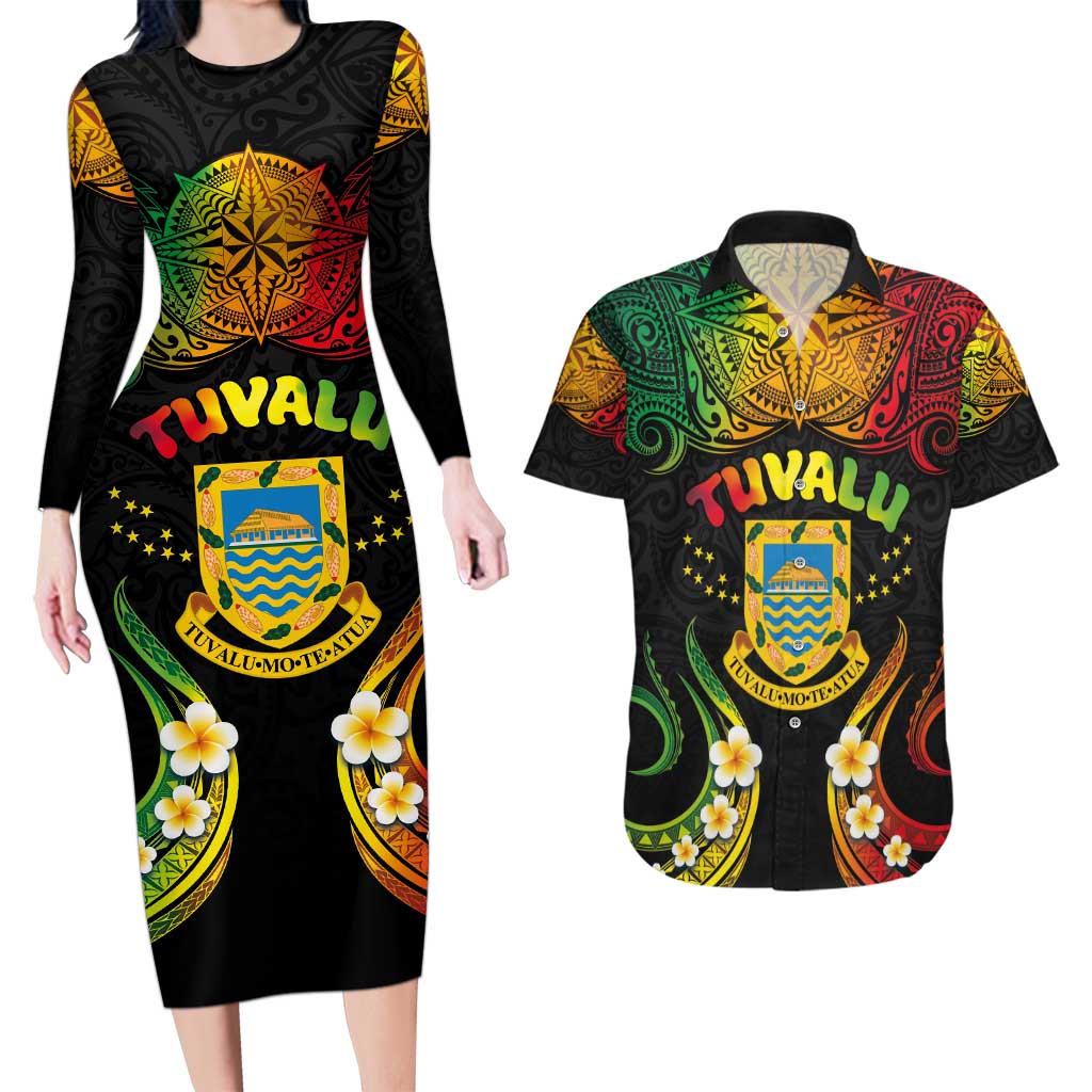 Personalised Tuvalu Independence Day Couples Matching Long Sleeve Bodycon Dress and Hawaiian Shirt Polynesian Tattoo and Plumeria Reggae Color LT03 Reggae - Polynesian Pride
