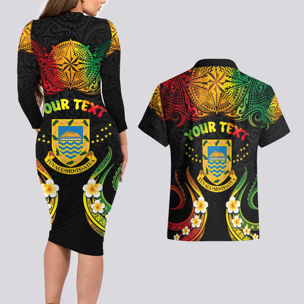 Personalised Tuvalu Independence Day Couples Matching Long Sleeve Bodycon Dress and Hawaiian Shirt Polynesian Tattoo and Plumeria Reggae Color LT03 - Polynesian Pride