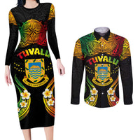 Personalised Tuvalu Independence Day Couples Matching Long Sleeve Bodycon Dress and Long Sleeve Button Shirt Polynesian Tattoo and Plumeria Reggae Color LT03 Reggae - Polynesian Pride