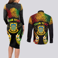 Personalised Tuvalu Independence Day Couples Matching Long Sleeve Bodycon Dress and Long Sleeve Button Shirt Polynesian Tattoo and Plumeria Reggae Color LT03 - Polynesian Pride