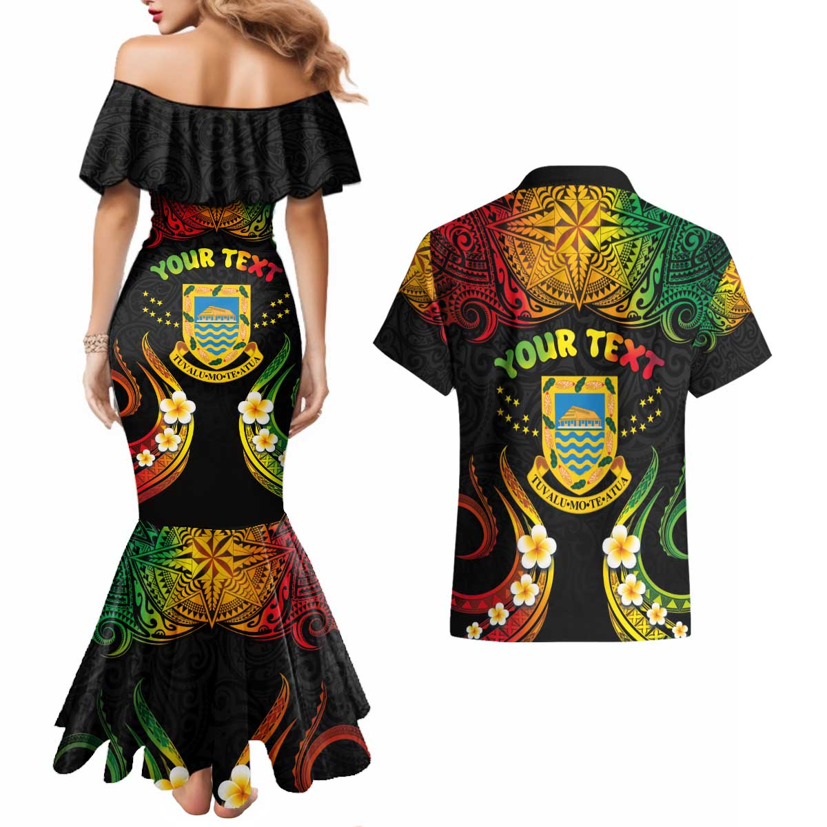 Personalised Tuvalu Independence Day Couples Matching Mermaid Dress and Hawaiian Shirt Polynesian Tattoo and Plumeria Reggae Color LT03 - Polynesian Pride