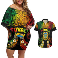 Personalised Tuvalu Independence Day Couples Matching Off Shoulder Short Dress and Hawaiian Shirt Polynesian Tattoo and Plumeria Reggae Color LT03 Reggae - Polynesian Pride