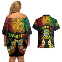 Personalised Tuvalu Independence Day Couples Matching Off Shoulder Short Dress and Hawaiian Shirt Polynesian Tattoo and Plumeria Reggae Color LT03 - Polynesian Pride