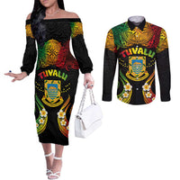 Personalised Tuvalu Independence Day Couples Matching Off The Shoulder Long Sleeve Dress and Long Sleeve Button Shirt Polynesian Tattoo and Plumeria Reggae Color LT03 Reggae - Polynesian Pride