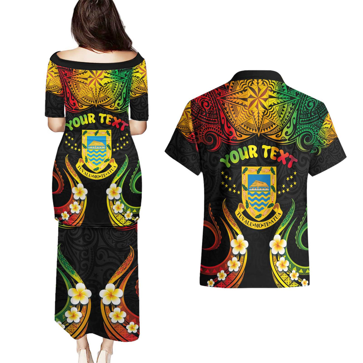 Personalised Tuvalu Independence Day Couples Matching Puletasi and Hawaiian Shirt Polynesian Tattoo and Plumeria Reggae Color