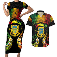 Personalised Tuvalu Independence Day Couples Matching Short Sleeve Bodycon Dress and Hawaiian Shirt Polynesian Tattoo and Plumeria Reggae Color LT03 Reggae - Polynesian Pride