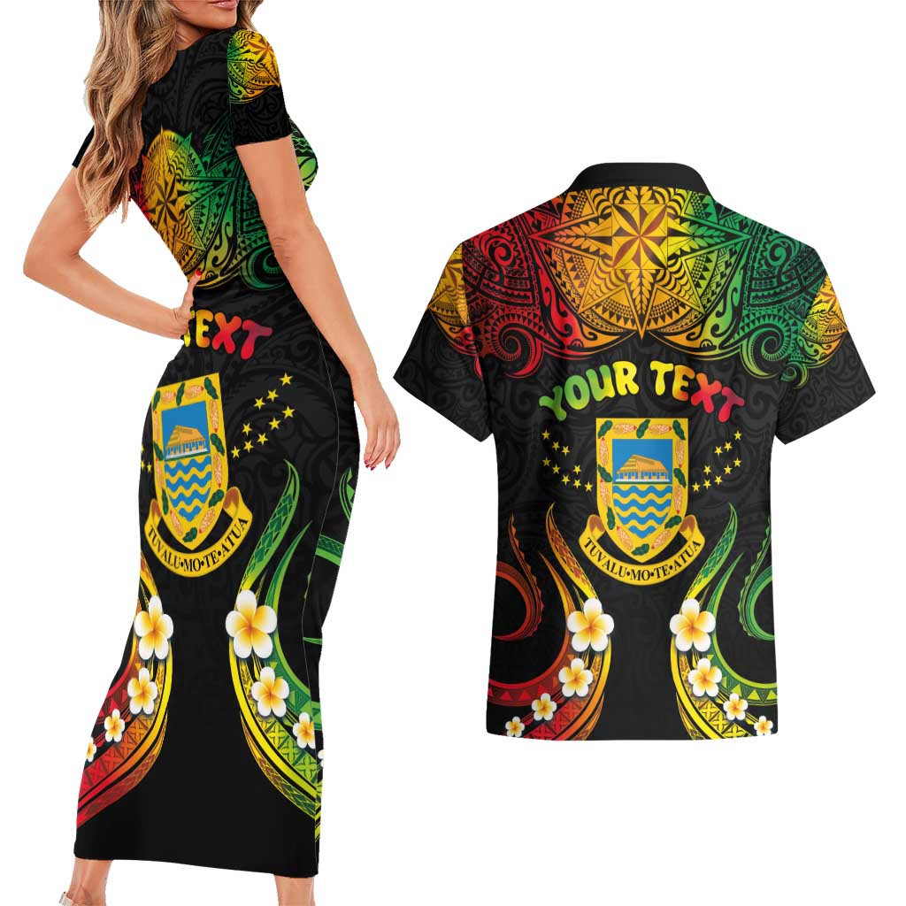 Personalised Tuvalu Independence Day Couples Matching Short Sleeve Bodycon Dress and Hawaiian Shirt Polynesian Tattoo and Plumeria Reggae Color LT03 - Polynesian Pride