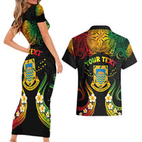Personalised Tuvalu Independence Day Couples Matching Short Sleeve Bodycon Dress and Hawaiian Shirt Polynesian Tattoo and Plumeria Reggae Color LT03 - Polynesian Pride