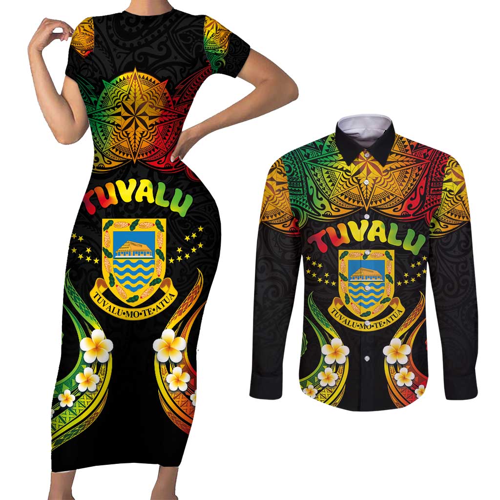 Personalised Tuvalu Independence Day Couples Matching Short Sleeve Bodycon Dress and Long Sleeve Button Shirt Polynesian Tattoo and Plumeria Reggae Color LT03 Reggae - Polynesian Pride