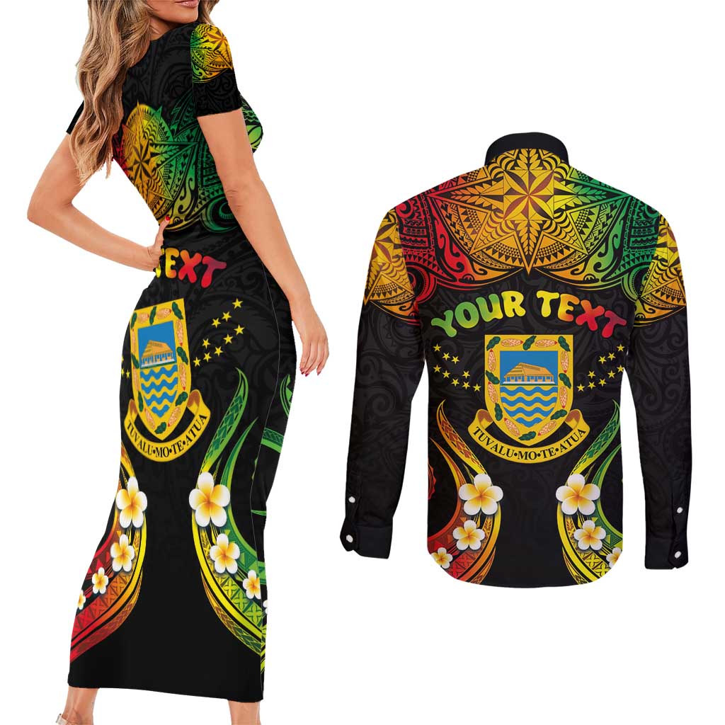 Personalised Tuvalu Independence Day Couples Matching Short Sleeve Bodycon Dress and Long Sleeve Button Shirt Polynesian Tattoo and Plumeria Reggae Color LT03 - Polynesian Pride
