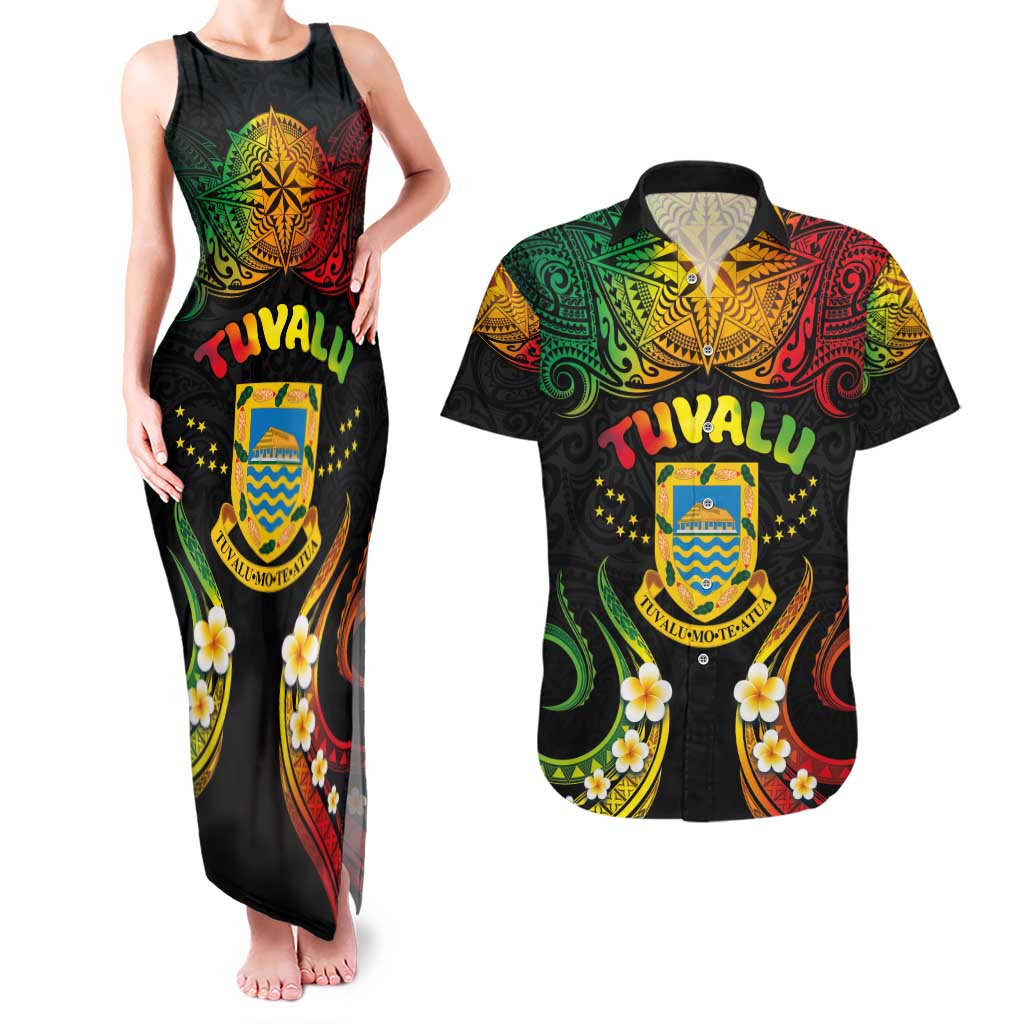 Personalised Tuvalu Independence Day Couples Matching Tank Maxi Dress and Hawaiian Shirt Polynesian Tattoo and Plumeria Reggae Color LT03 Reggae - Polynesian Pride