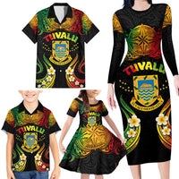 Personalised Tuvalu Independence Day Family Matching Long Sleeve Bodycon Dress and Hawaiian Shirt Polynesian Tattoo and Plumeria Reggae Color LT03 - Polynesian Pride