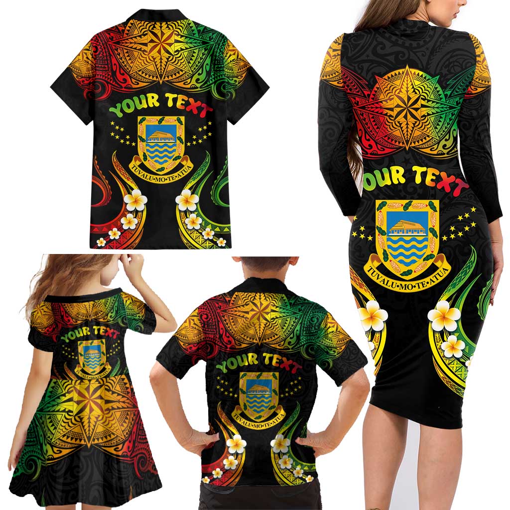 Personalised Tuvalu Independence Day Family Matching Long Sleeve Bodycon Dress and Hawaiian Shirt Polynesian Tattoo and Plumeria Reggae Color LT03 - Polynesian Pride