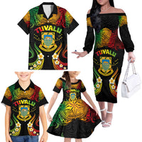 Personalised Tuvalu Independence Day Family Matching Off The Shoulder Long Sleeve Dress and Hawaiian Shirt Polynesian Tattoo and Plumeria Reggae Color LT03 - Polynesian Pride