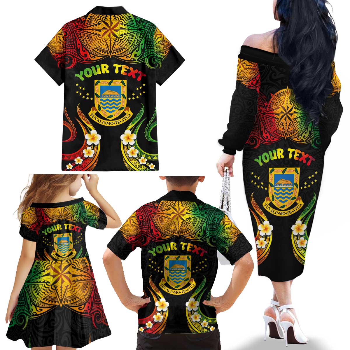 Personalised Tuvalu Independence Day Family Matching Off The Shoulder Long Sleeve Dress and Hawaiian Shirt Polynesian Tattoo and Plumeria Reggae Color LT03 - Polynesian Pride