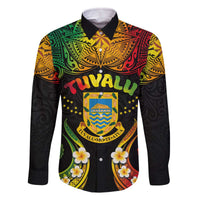 Personalised Tuvalu Independence Day Family Matching Off The Shoulder Long Sleeve Dress and Hawaiian Shirt Polynesian Tattoo and Plumeria Reggae Color LT03 Dad's Shirt - Long Sleeve Reggae - Polynesian Pride