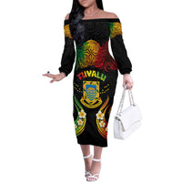 Personalised Tuvalu Independence Day Family Matching Off The Shoulder Long Sleeve Dress and Hawaiian Shirt Polynesian Tattoo and Plumeria Reggae Color LT03 Mom's Dress Reggae - Polynesian Pride
