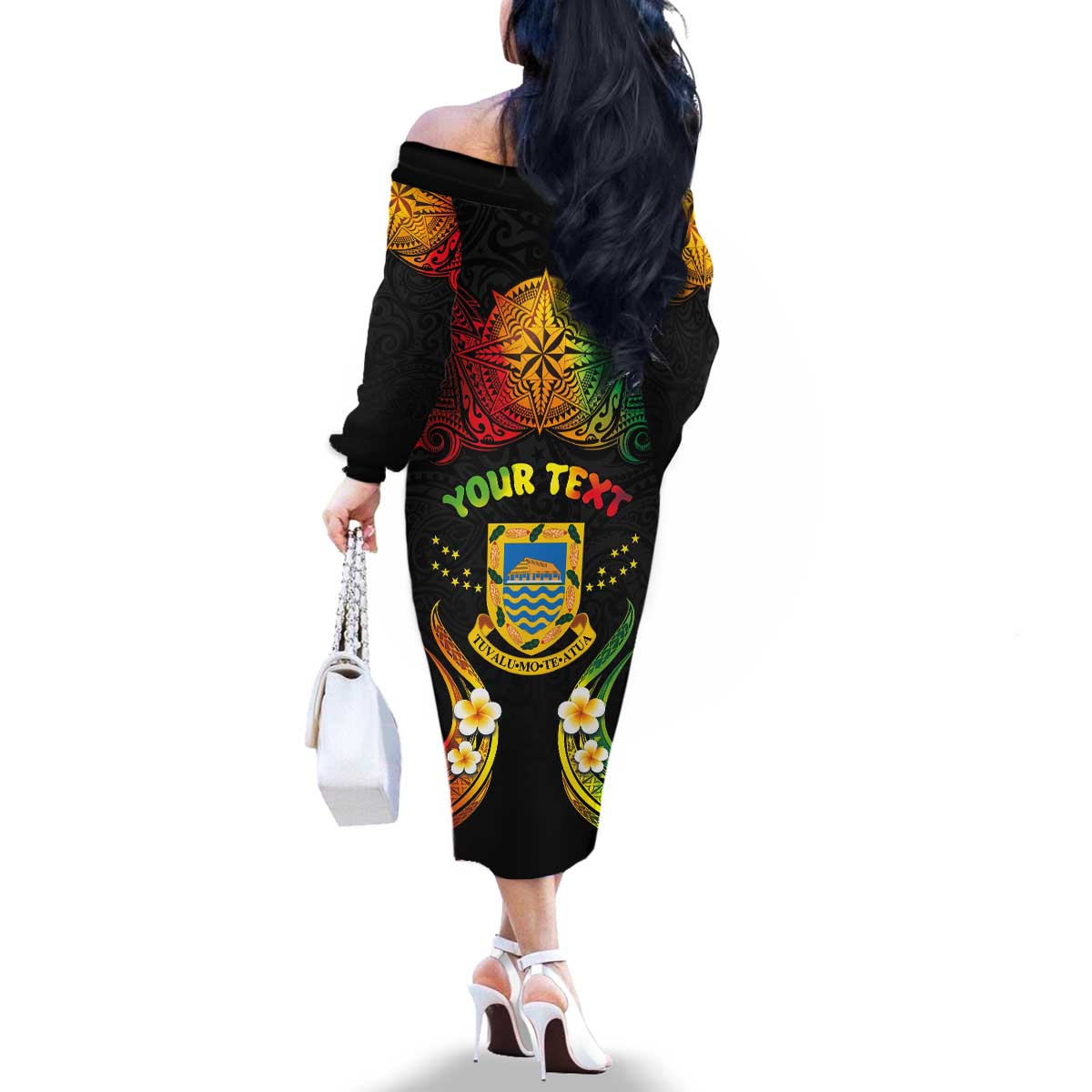 Personalised Tuvalu Independence Day Family Matching Off The Shoulder Long Sleeve Dress and Hawaiian Shirt Polynesian Tattoo and Plumeria Reggae Color LT03 - Polynesian Pride