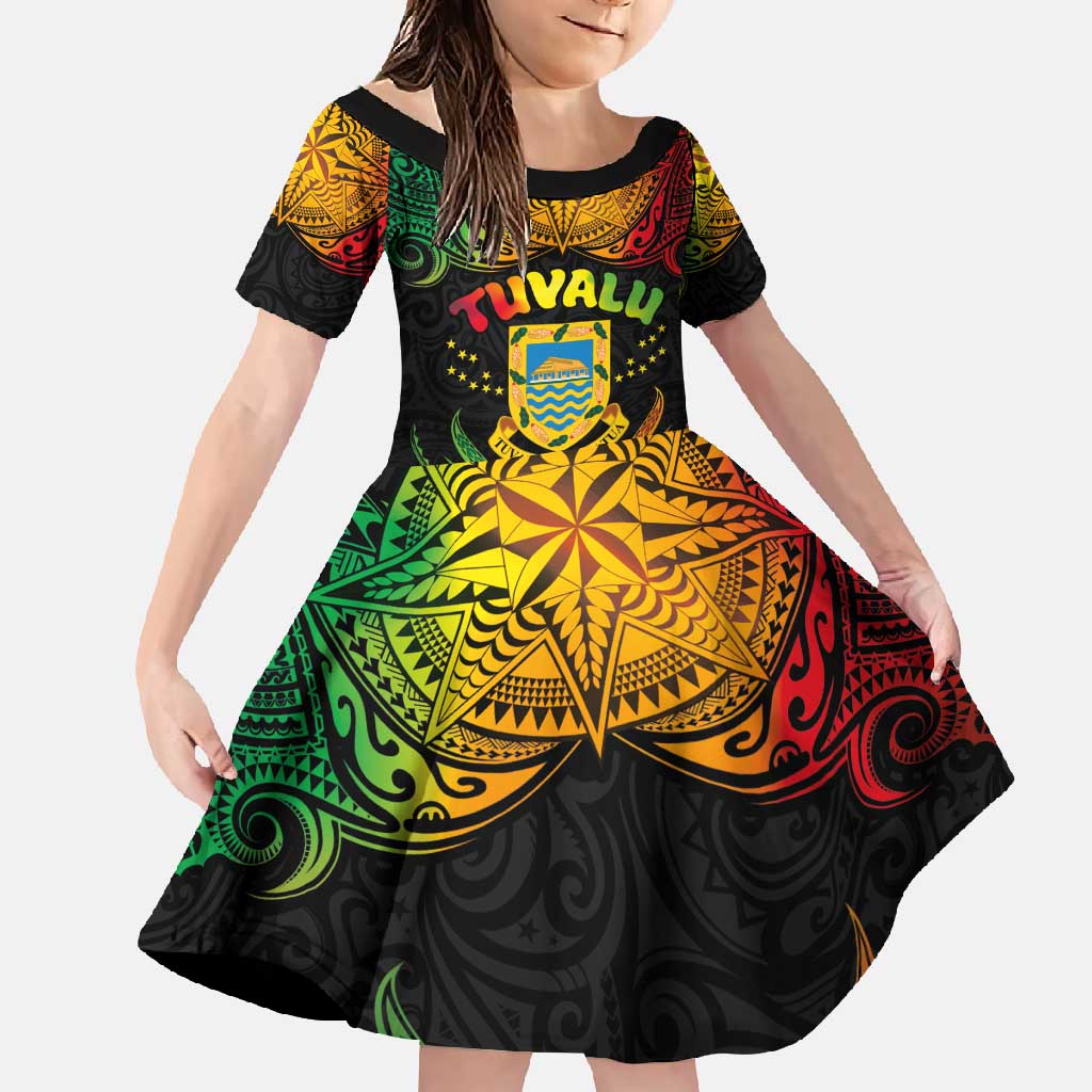 Personalised Tuvalu Independence Day Family Matching Off Shoulder Maxi Dress and Hawaiian Shirt Polynesian Tattoo and Plumeria Reggae Color LT03 Daughter's Dress Reggae - Polynesian Pride
