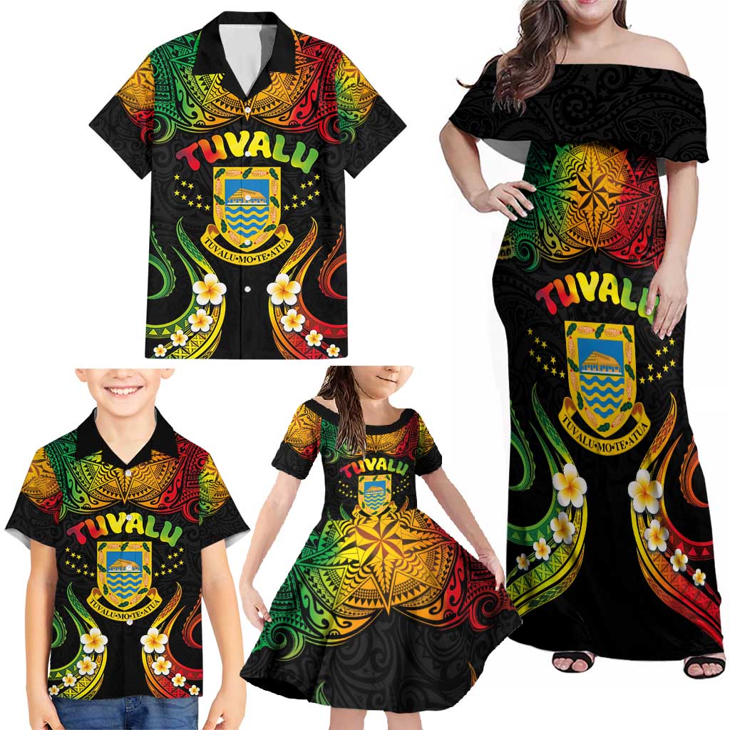 Personalised Tuvalu Independence Day Family Matching Off Shoulder Maxi Dress and Hawaiian Shirt Polynesian Tattoo and Plumeria Reggae Color LT03 - Polynesian Pride