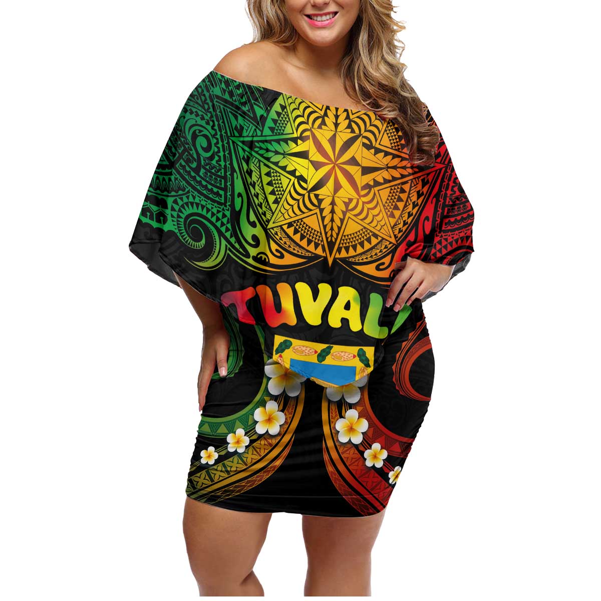 Personalised Tuvalu Independence Day Family Matching Off Shoulder Short Dress and Hawaiian Shirt Polynesian Tattoo and Plumeria Reggae Color LT03 Mom's Dress Reggae - Polynesian Pride