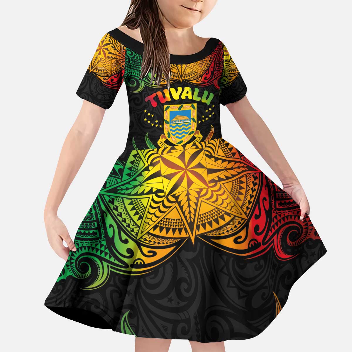 Personalised Tuvalu Independence Day Family Matching Puletasi and Hawaiian Shirt Polynesian Tattoo and Plumeria Reggae Color LT03 Daughter's Dress Reggae - Polynesian Pride