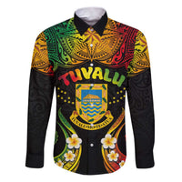 Personalised Tuvalu Independence Day Family Matching Puletasi and Hawaiian Shirt Polynesian Tattoo and Plumeria Reggae Color LT03 Dad's Shirt - Long Sleeve Reggae - Polynesian Pride