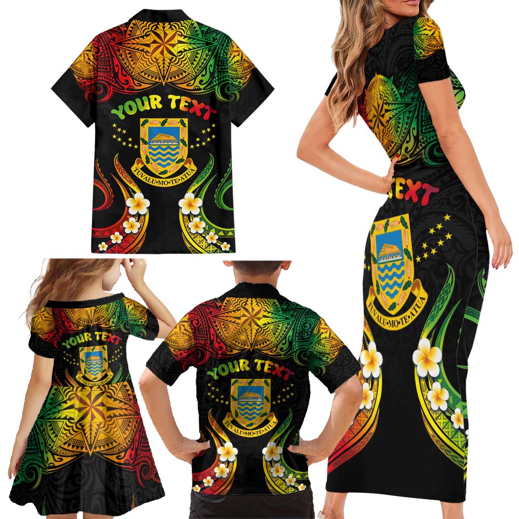 Personalised Tuvalu Independence Day Family Matching Short Sleeve Bodycon Dress and Hawaiian Shirt Polynesian Tattoo and Plumeria Reggae Color LT03 - Polynesian Pride