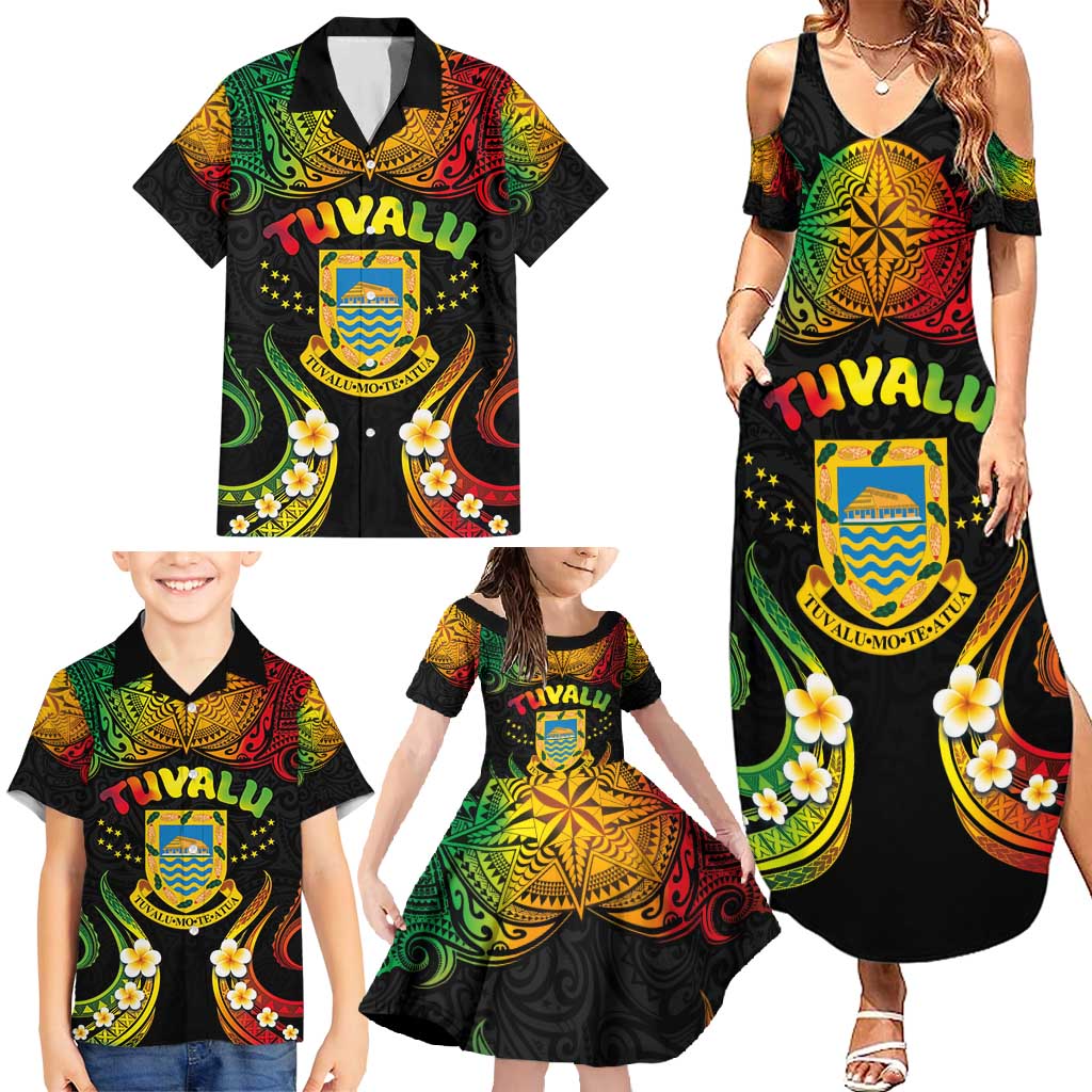 Personalised Tuvalu Independence Day Family Matching Summer Maxi Dress and Hawaiian Shirt Polynesian Tattoo and Plumeria Reggae Color LT03 - Polynesian Pride