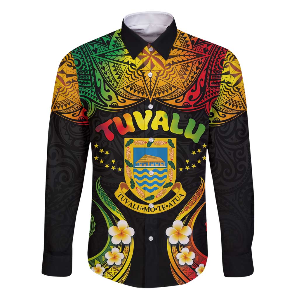 Personalised Tuvalu Independence Day Family Matching Tank Maxi Dress and Hawaiian Shirt Polynesian Tattoo and Plumeria Reggae Color LT03 Dad's Shirt - Long Sleeve Reggae - Polynesian Pride