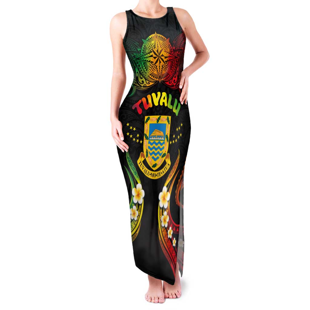 Personalised Tuvalu Independence Day Family Matching Tank Maxi Dress and Hawaiian Shirt Polynesian Tattoo and Plumeria Reggae Color LT03 Mom's Dress Reggae - Polynesian Pride