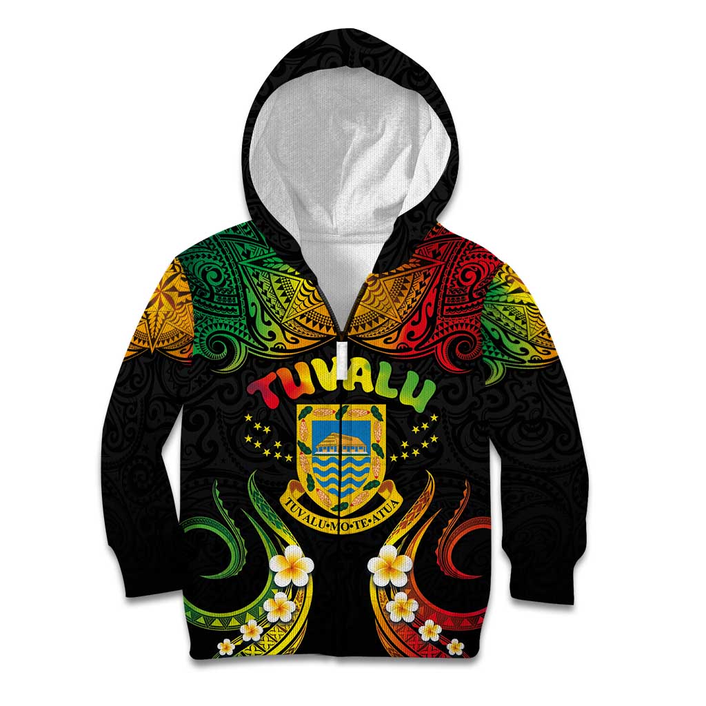 Personalised Tuvalu Independence Day Kid Hoodie Polynesian Tattoo and Plumeria Reggae Color