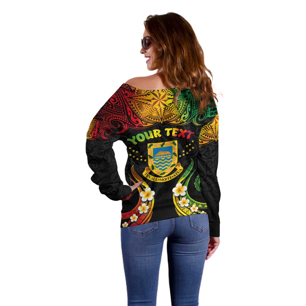 Personalised Tuvalu Independence Day Off Shoulder Sweater Polynesian Tattoo and Plumeria Reggae Color