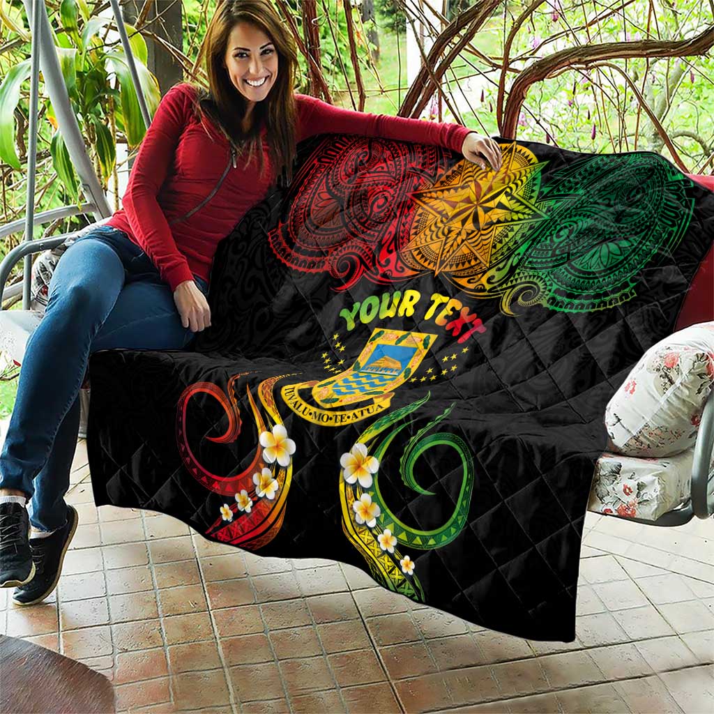 Personalised Tuvalu Independence Day Quilt Polynesian Tattoo and Plumeria Reggae Color