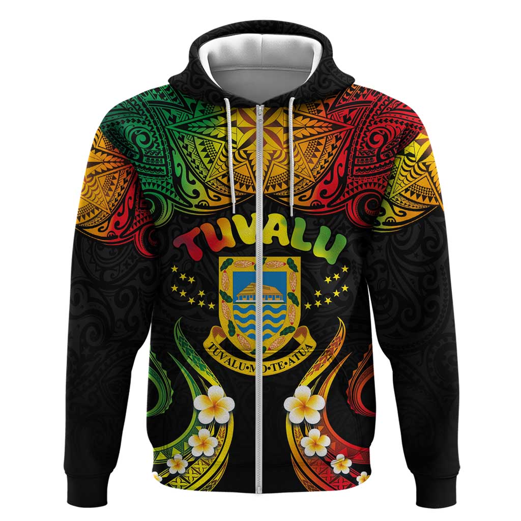 Personalised Tuvalu Independence Day Zip Hoodie Polynesian Tattoo and Plumeria Reggae Color