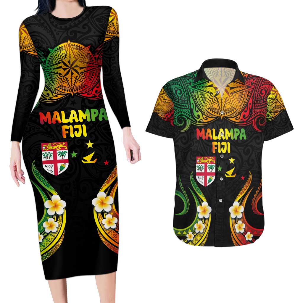 Personalised Malampa Fiji Day Couples Matching Long Sleeve Bodycon Dress and Hawaiian Shirt Polynesian Tattoo and Plumeria Reggae Color LT03 Reggae - Polynesian Pride