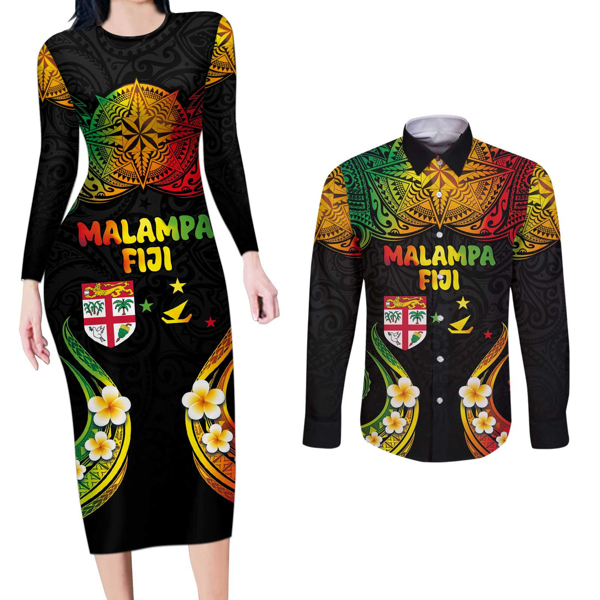 Personalised Malampa Fiji Day Couples Matching Long Sleeve Bodycon Dress and Long Sleeve Button Shirt Polynesian Tattoo and Plumeria Reggae Color LT03 Reggae - Polynesian Pride