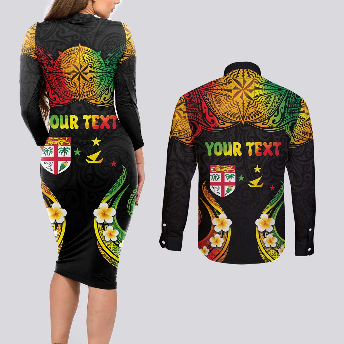 Personalised Malampa Fiji Day Couples Matching Long Sleeve Bodycon Dress and Long Sleeve Button Shirt Polynesian Tattoo and Plumeria Reggae Color LT03 - Polynesian Pride