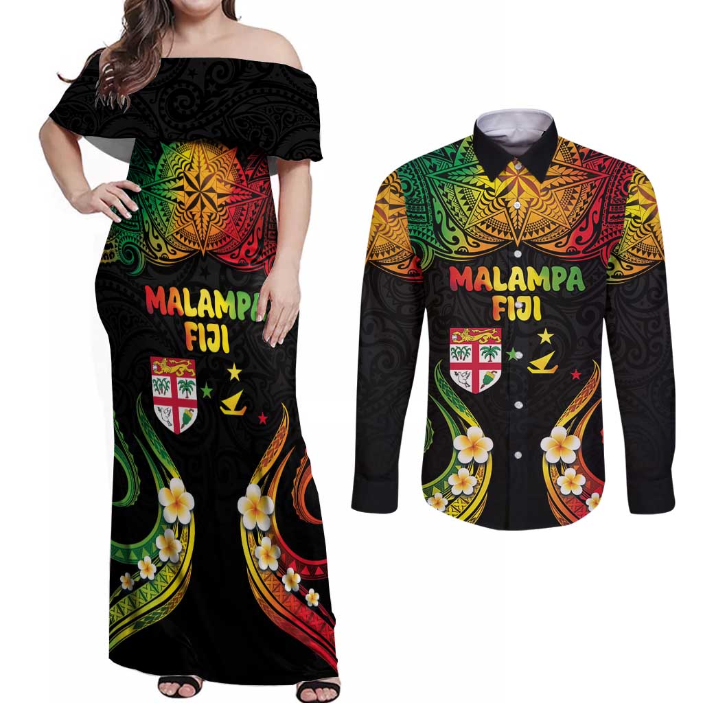 Personalised Malampa Fiji Day Couples Matching Off Shoulder Maxi Dress and Long Sleeve Button Shirt Polynesian Tattoo and Plumeria Reggae Color LT03 Reggae - Polynesian Pride