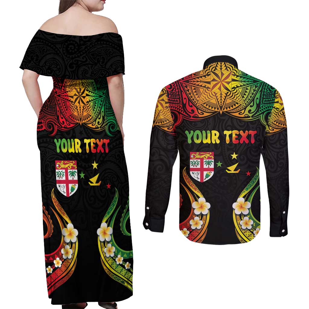 Personalised Malampa Fiji Day Couples Matching Off Shoulder Maxi Dress and Long Sleeve Button Shirt Polynesian Tattoo and Plumeria Reggae Color LT03 - Polynesian Pride