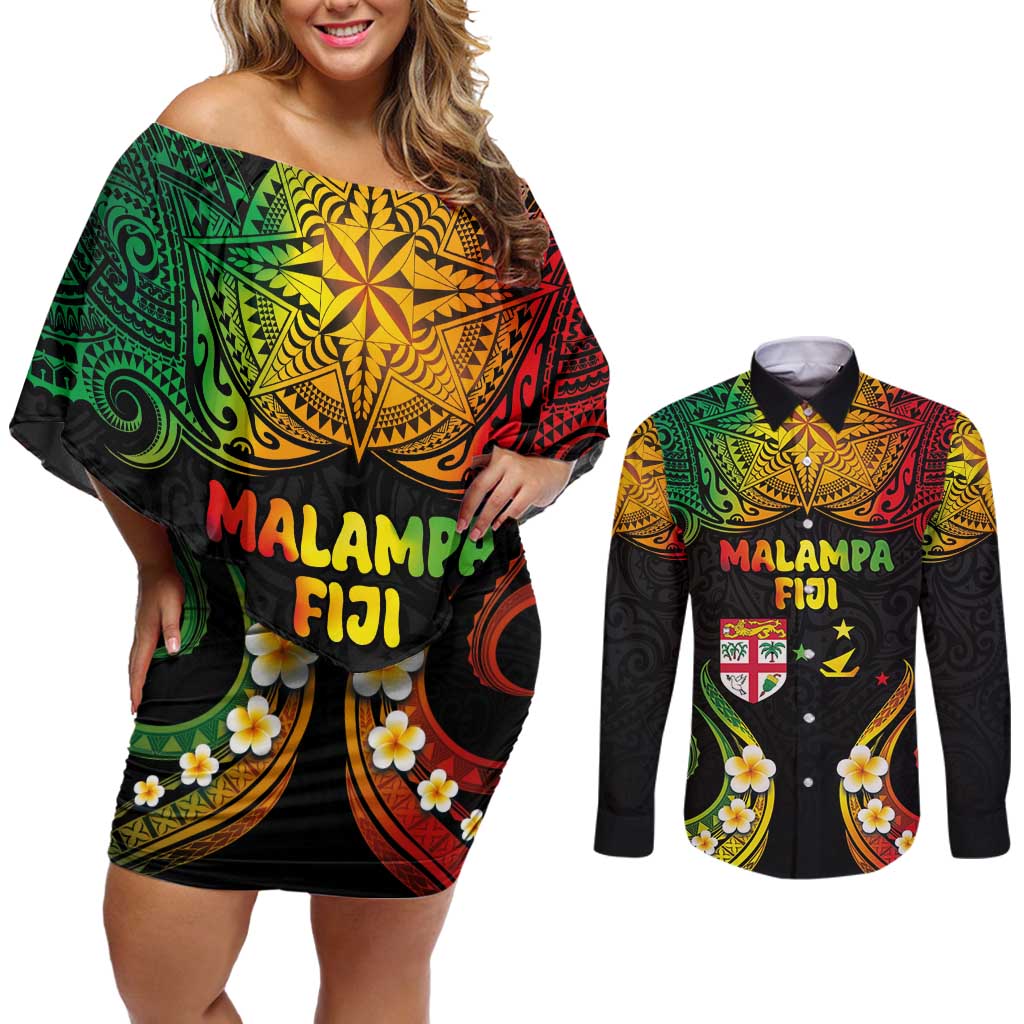 Personalised Malampa Fiji Day Couples Matching Off Shoulder Short Dress and Long Sleeve Button Shirt Polynesian Tattoo and Plumeria Reggae Color LT03 Reggae - Polynesian Pride
